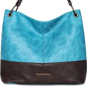 Montana West Blue Vegan Leather Top Handle Shoulder Handbags with Zipper